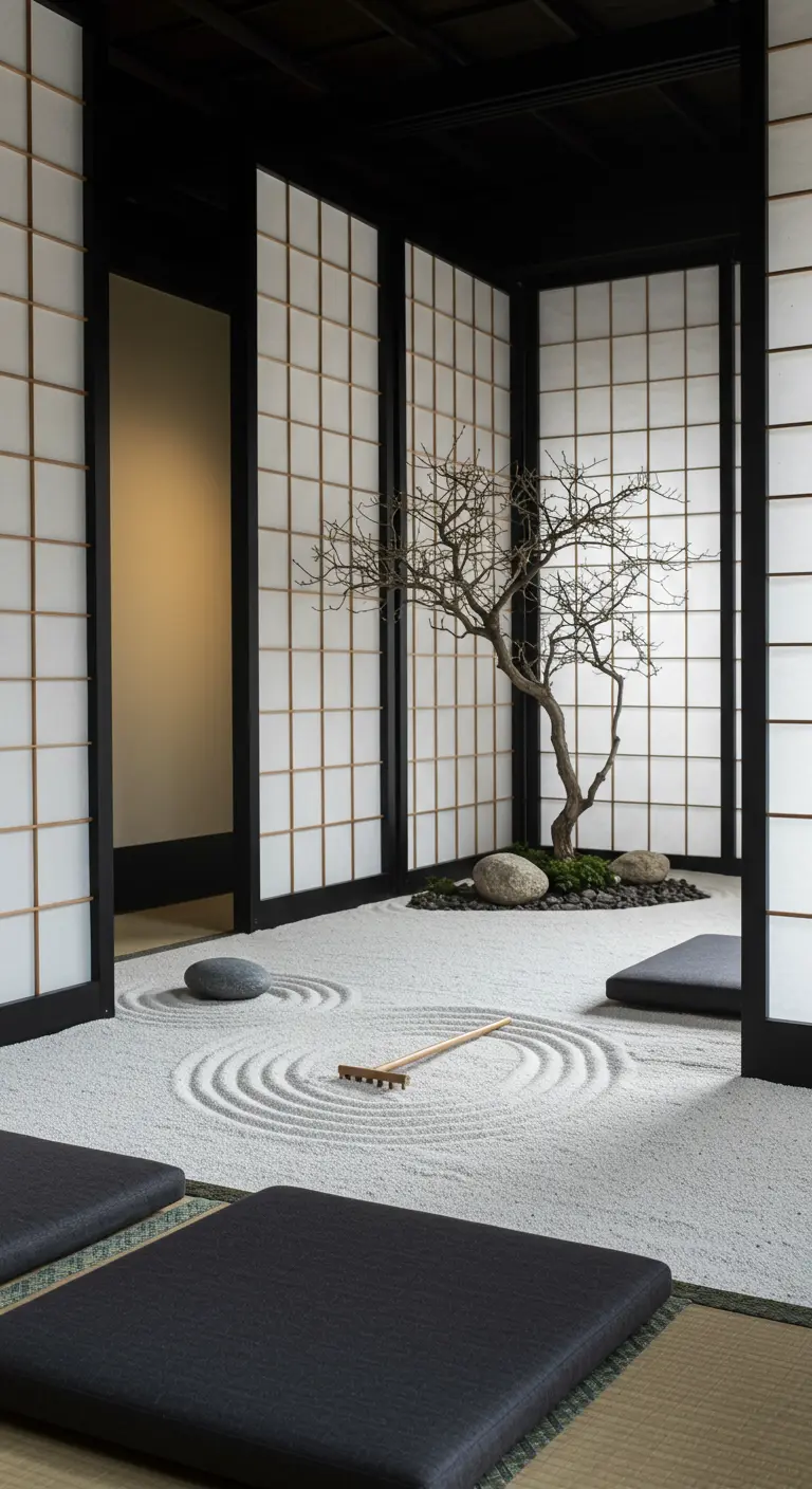Minimalistische Japanse zen-tuin als kinderactiviteit, met zand, stenen en een harkje.