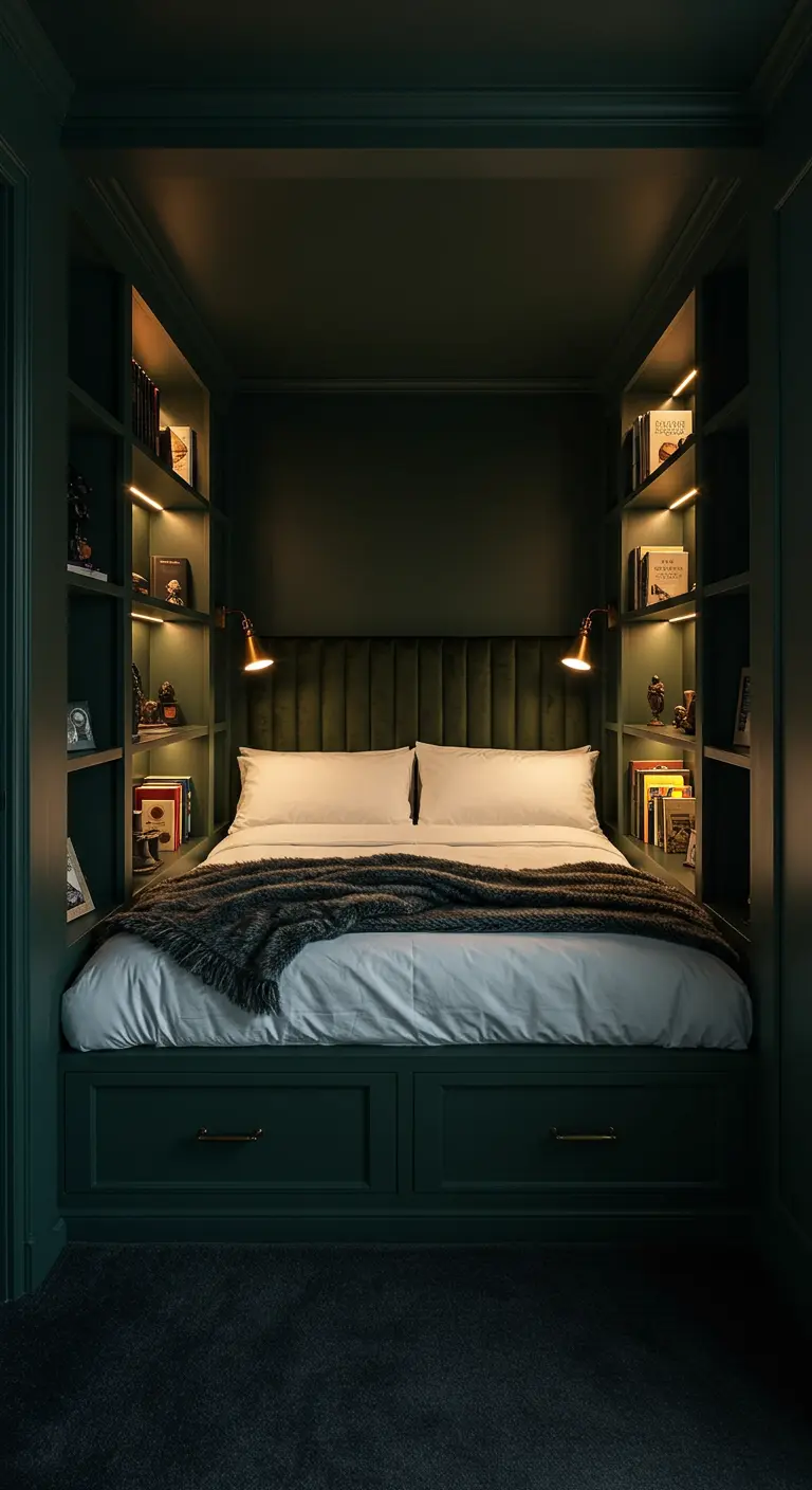 Donkergroene slaapkamer met ingebouwd bed, fluwelen hoofdbord en verlichte boekenkasten.