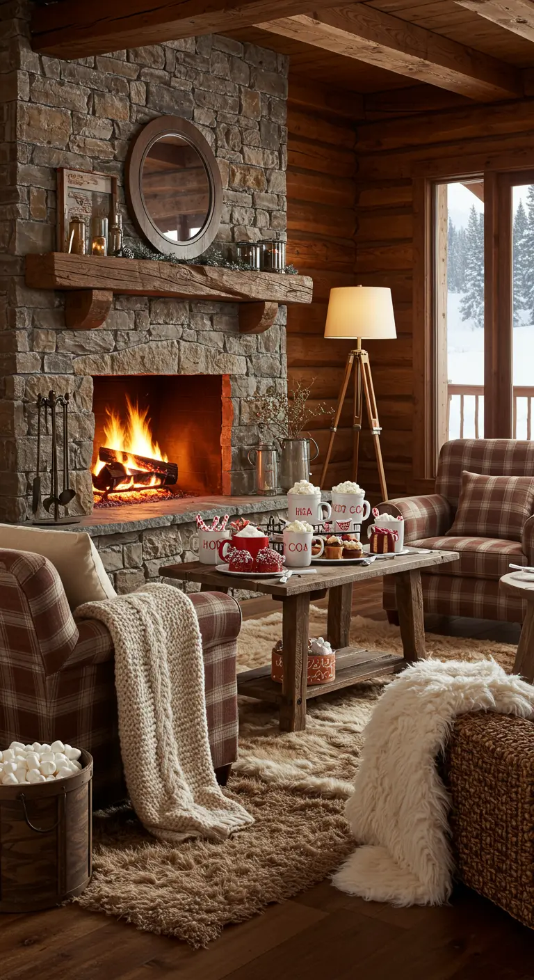 Woonkamer in chaletstijl met een brandende haard, geruite fauteuils en zachte plaids.