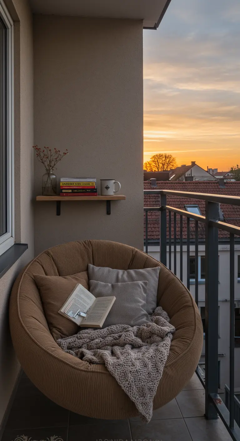 Knus balkon met een grote, ronde vloerstoel, kussens en een boekenplankje aan de muur.