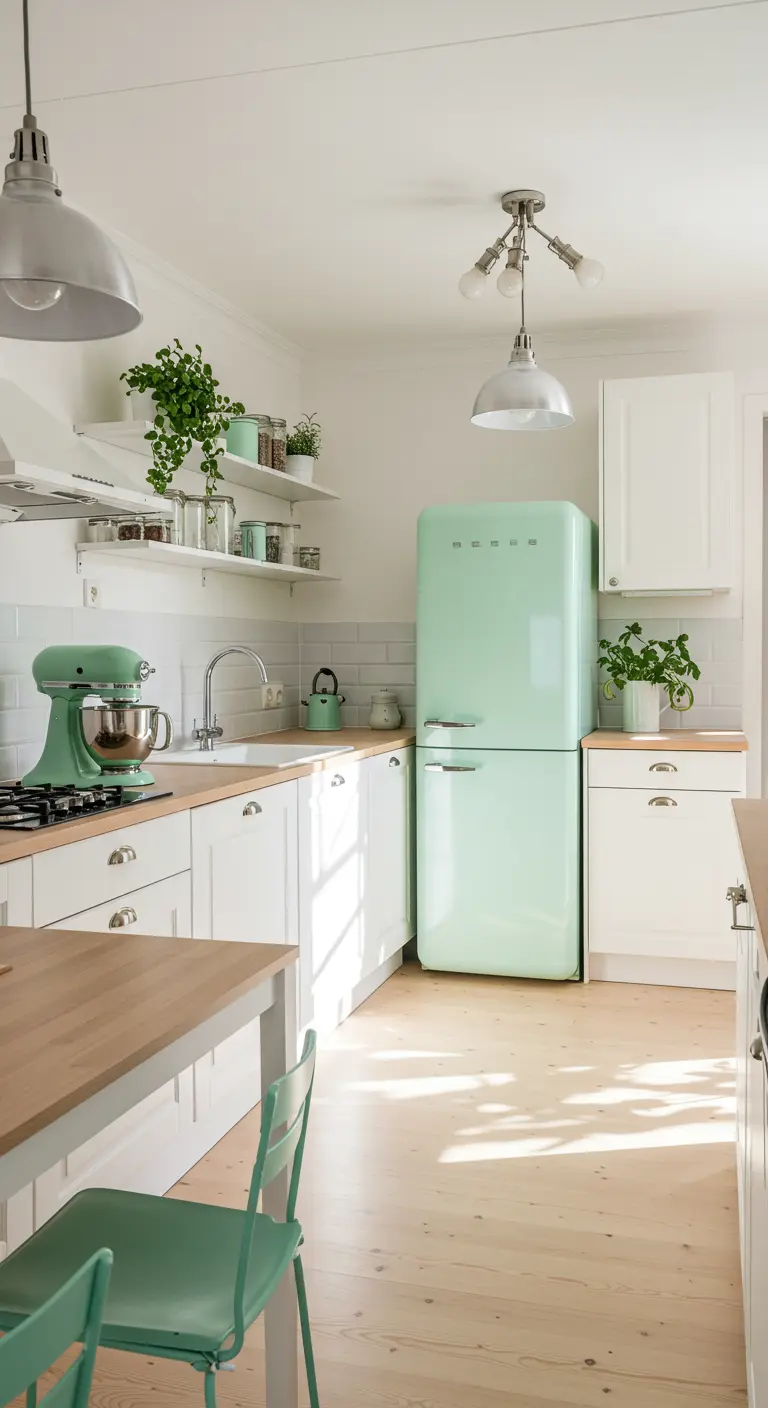 Witte keuken met een mintgroene retro-koelkast, keukenmachine en stoelen als kleuraccenten.