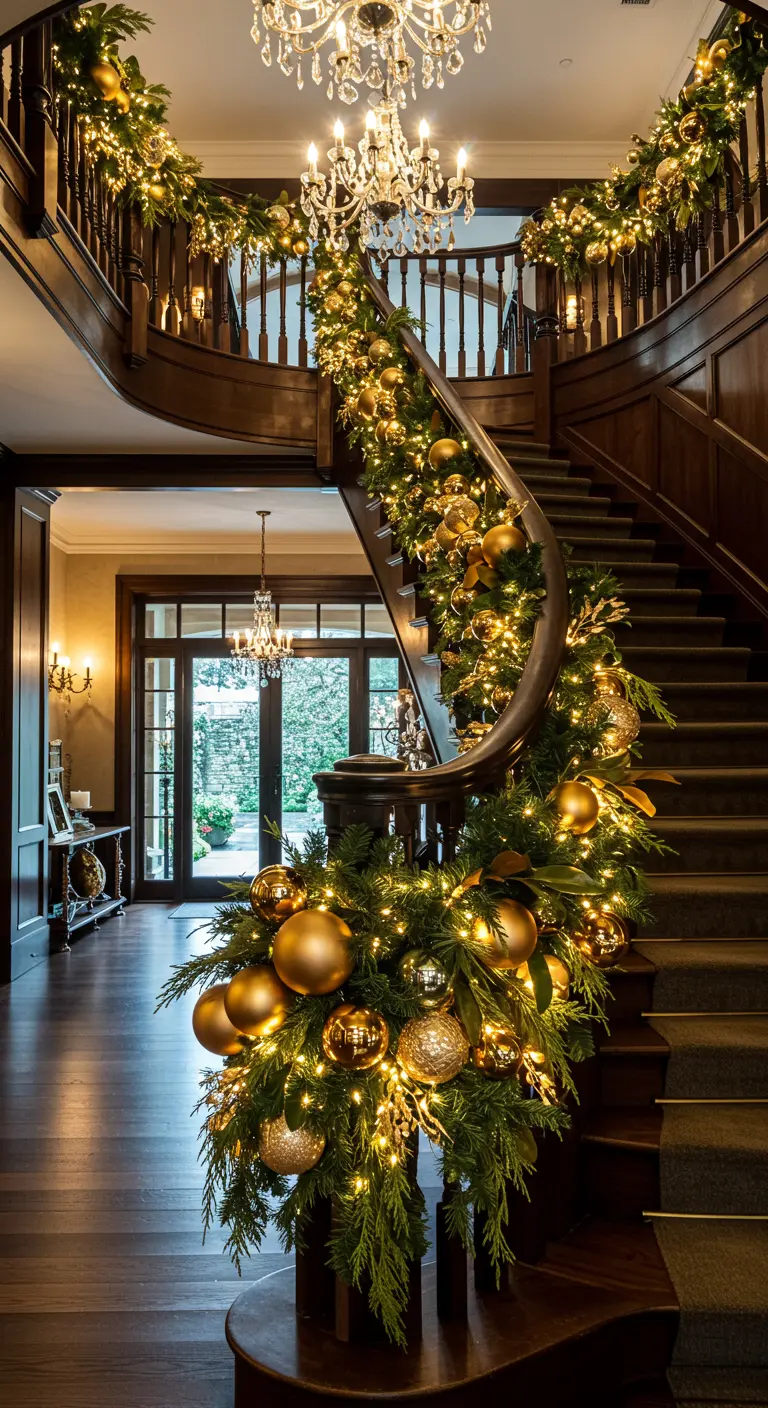 Grote houten trap met de leuning rijkelijk versierd met groen, lichtjes en grote gouden ballen.