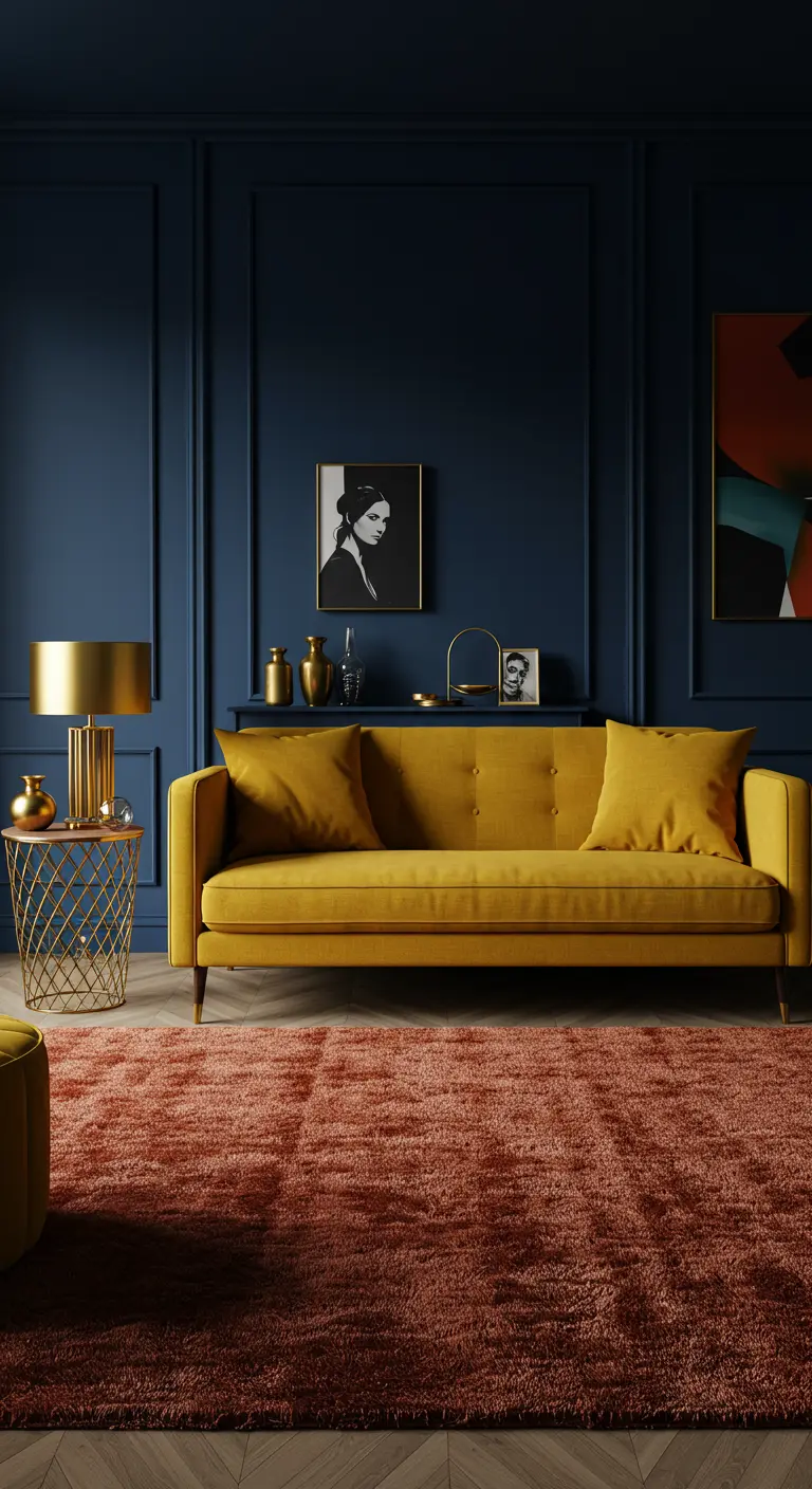 Elegante woonkamer met marineblauwe muren, een okergele bank en een terracotta vloerkleed.