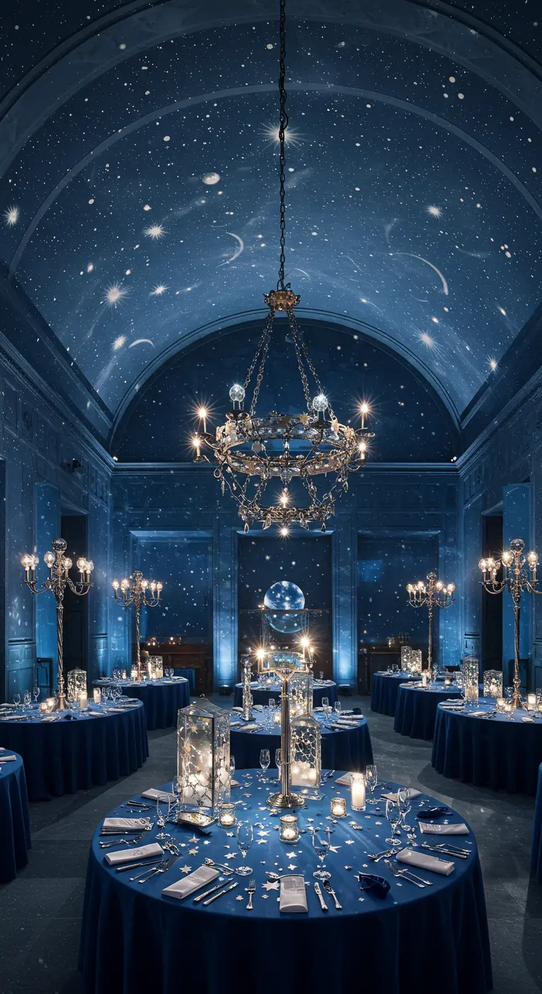Balzaal met ronde tafels, waar een sterrenstelsel op het plafond en de muren wordt geprojecteerd.