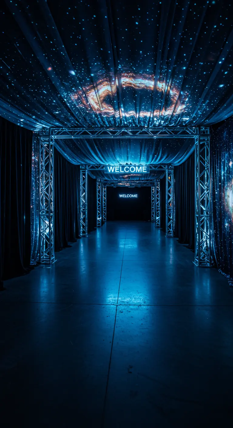 Donkere tunnel met blauw licht en een sterrenhemelprojectie op het plafond.