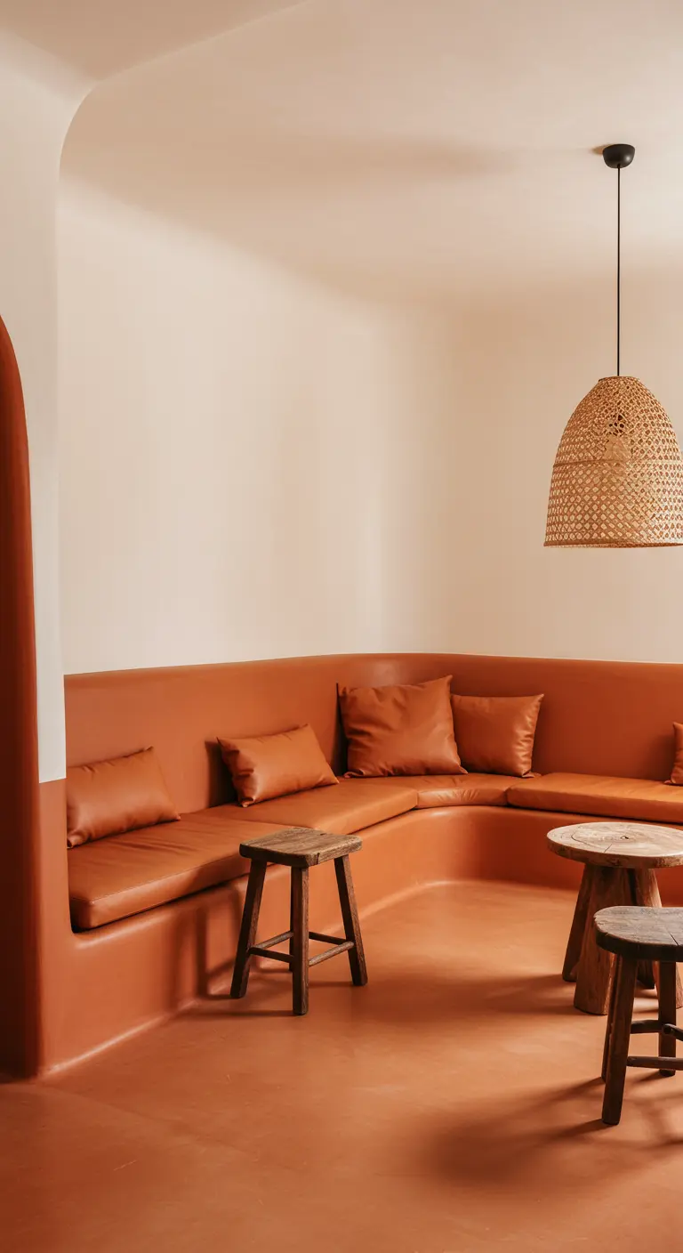 Ingebouwde hoekbank en vloer in dezelfde terracotta kleur, met houten krukjes.