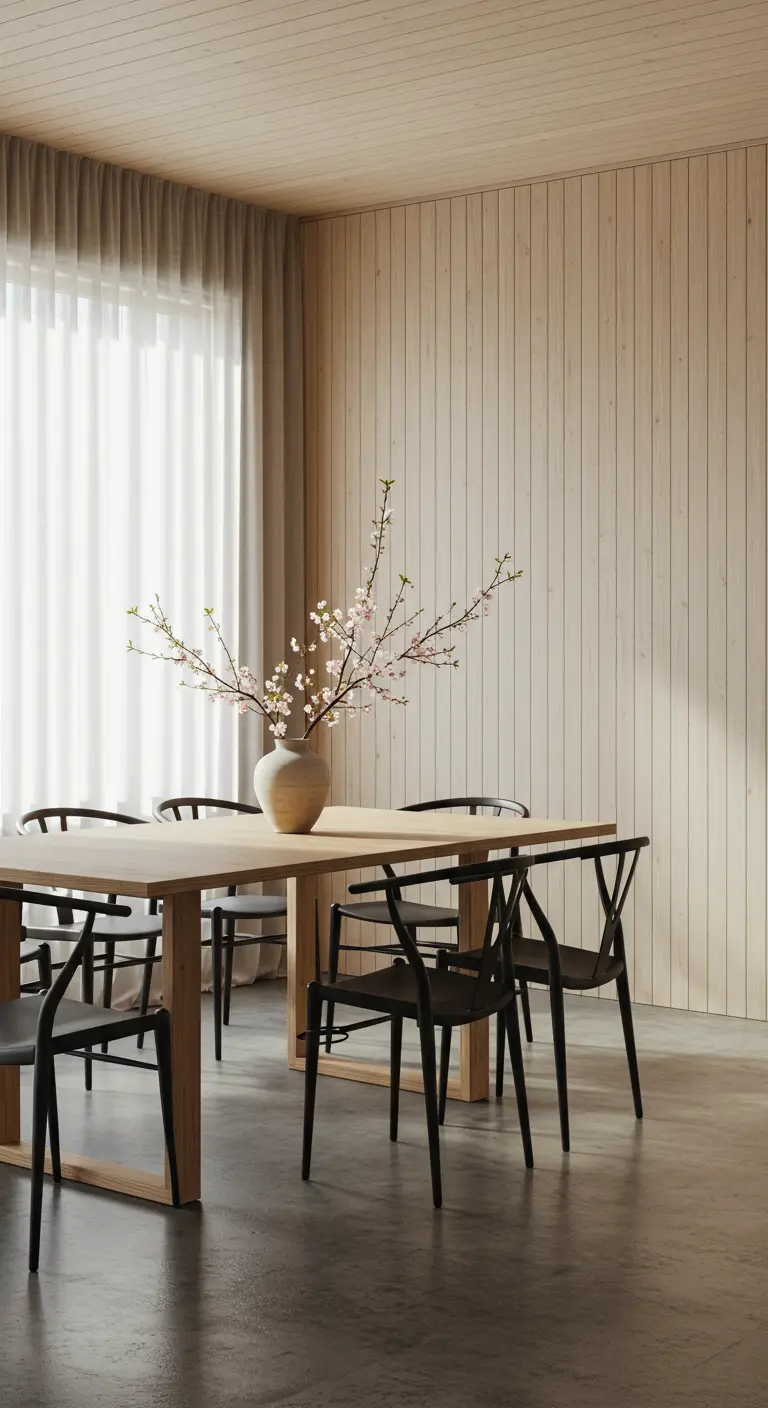 Lichte houten eetkamer met zwarte stoelen en een vaas met bloesemtakken.