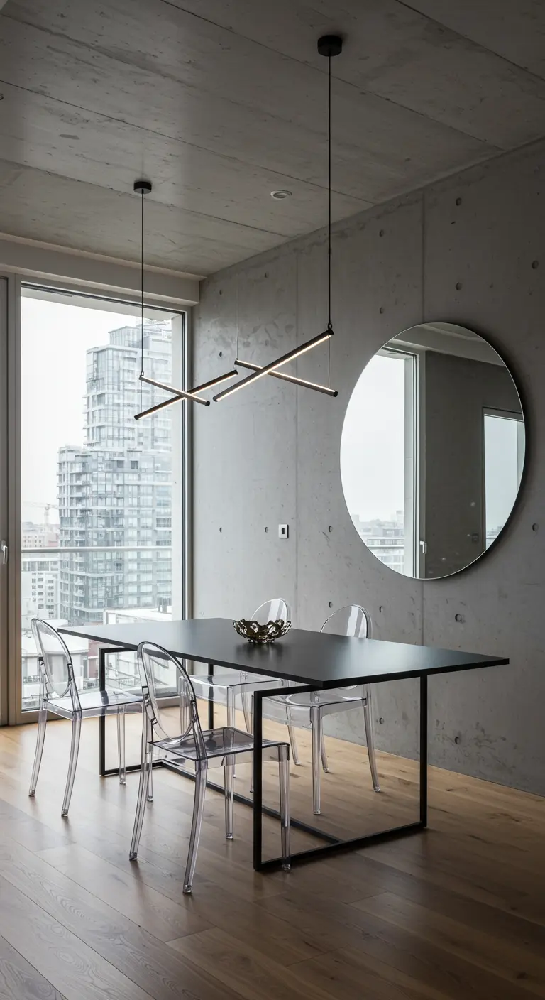 Minimalistische eethoek met betonnen muren, zwarte tafel, transparante stoelen en een grote ronde spiegel.