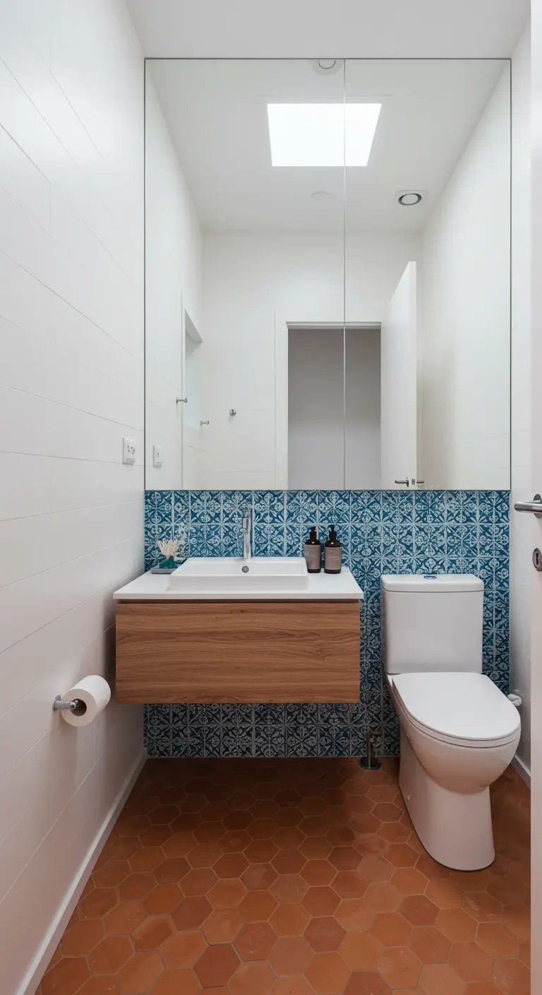 Badkamer met een achterwand van blauwe patroontegels boven een zwevend houten meubel.