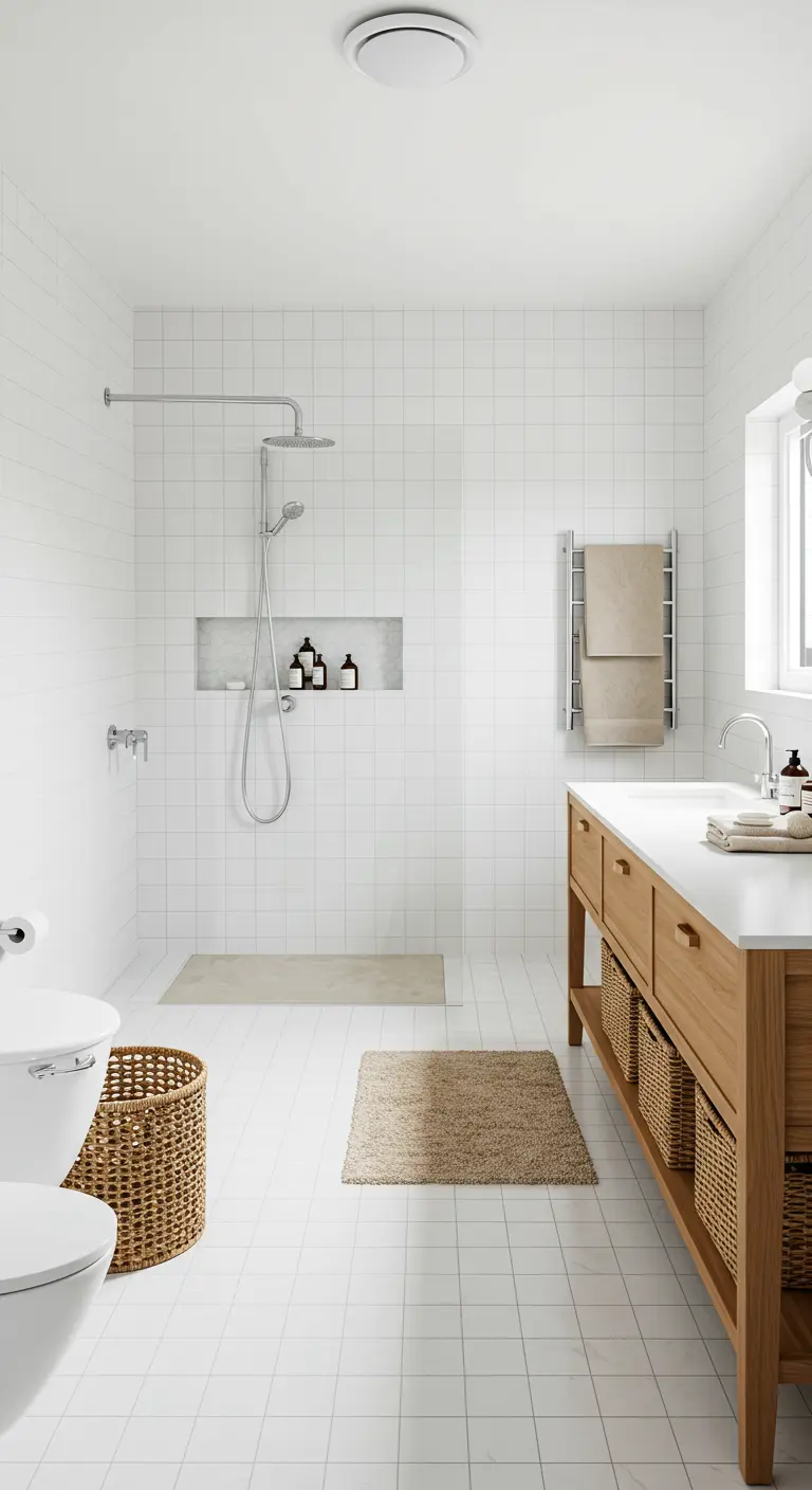 Witte badkamer met een houten wastafel, geweven manden en zandkleurige matten.