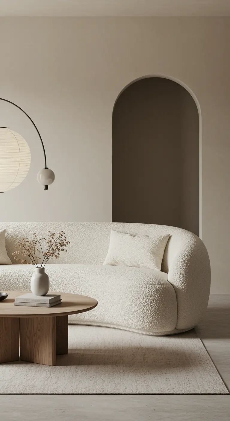 Woonkamer met een gebogen crèmekleurige bank, ronde tafel en een boogdoorgang.