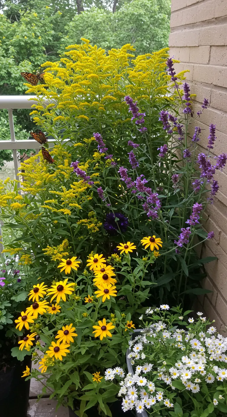 Kleurrijke mix van gele, paarse en witte bloemen op een balkon, die veel vlinders aantrekken.