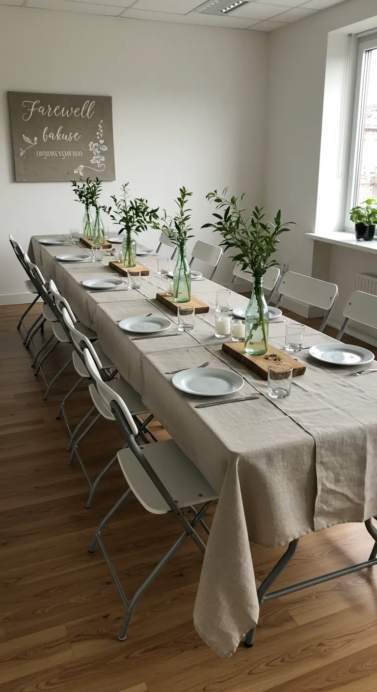 Lange, minimalistisch gedekte tafel met een linnen loper en groene takjes in flesjes.