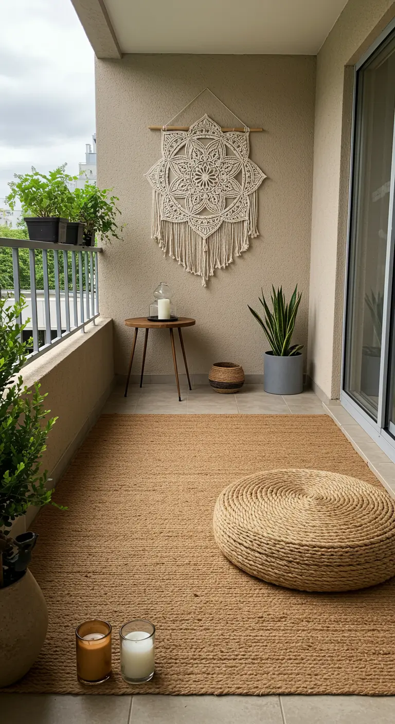 Minimalistisch balkon met een groot macramé mandala wandkleed en een rond poef.
