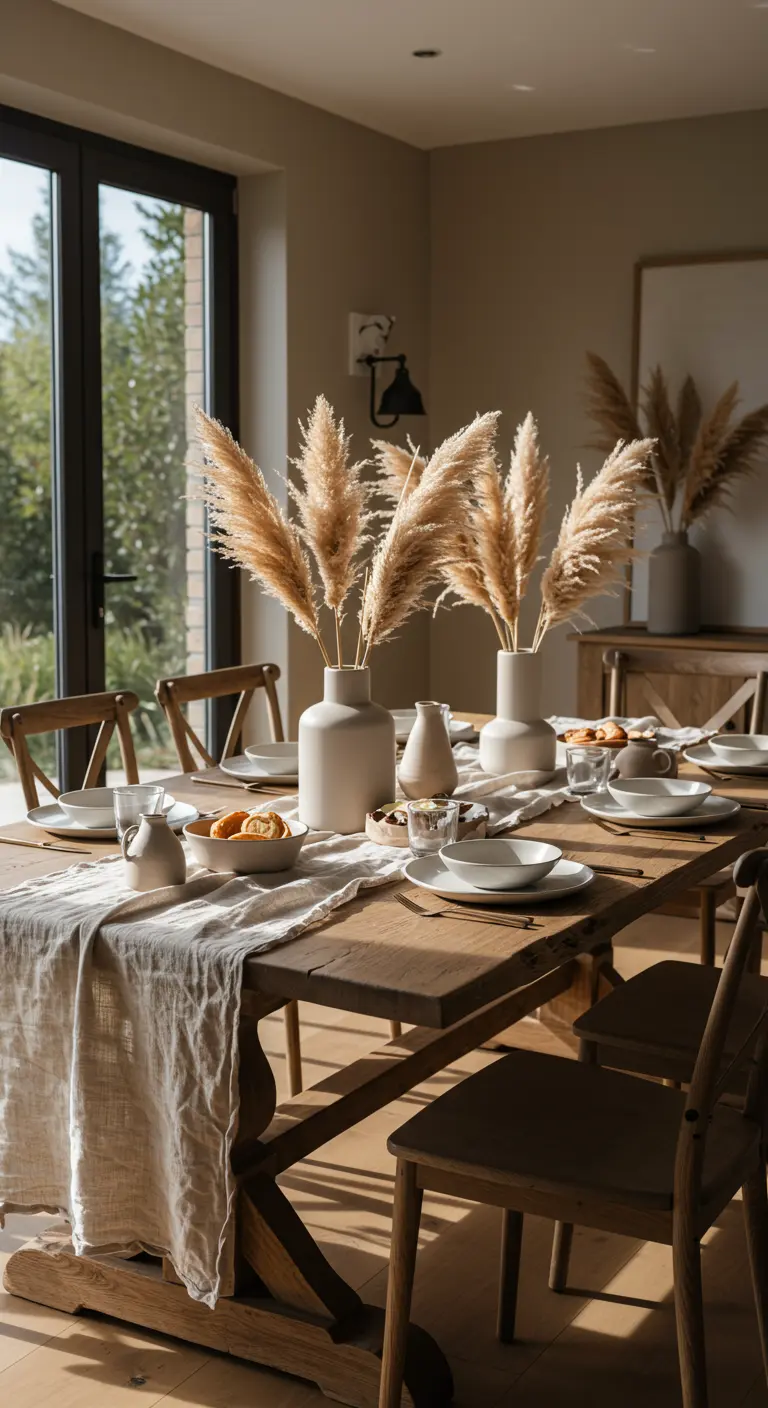 Eettafel met houten stoelen, witte vazen met pampasgras en een linnen loper.