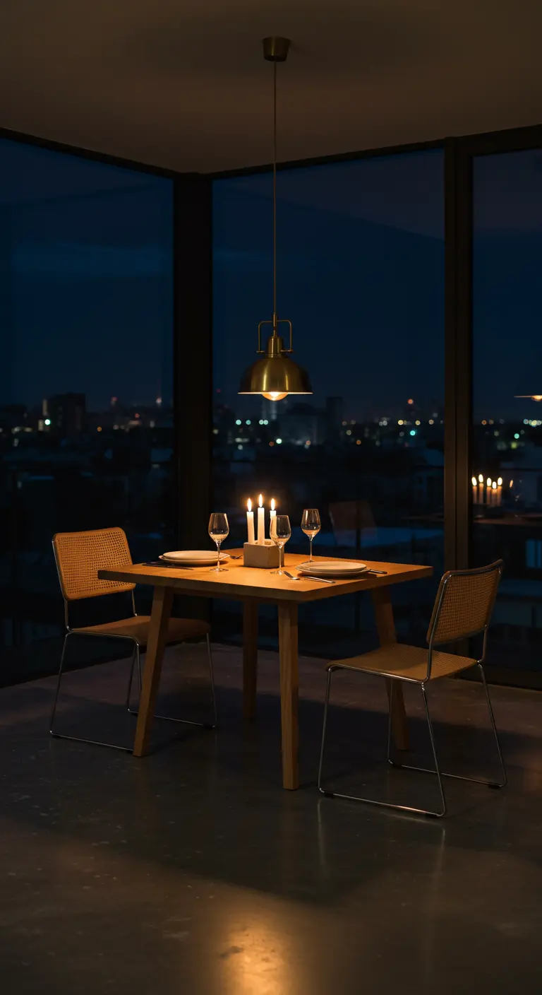 Intiem gedekte tafel voor twee bij een groot raam met uitzicht op de stad bij nacht.