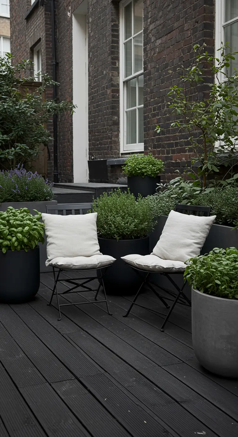 Zwart houten terras met donkere potten en witte kussens op klapstoelen.