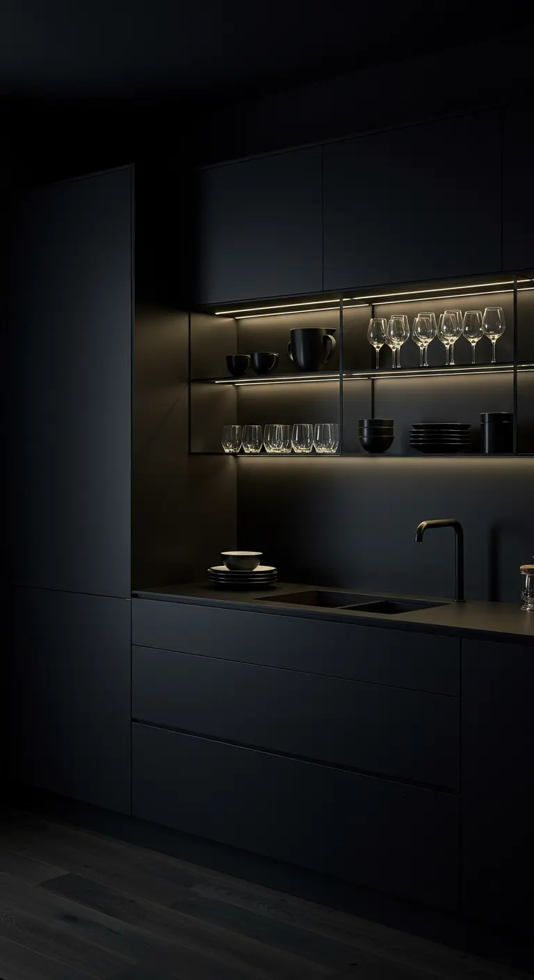Volledig zwarte keuken met minimalistische open planken die verlicht zijn van binnenuit.