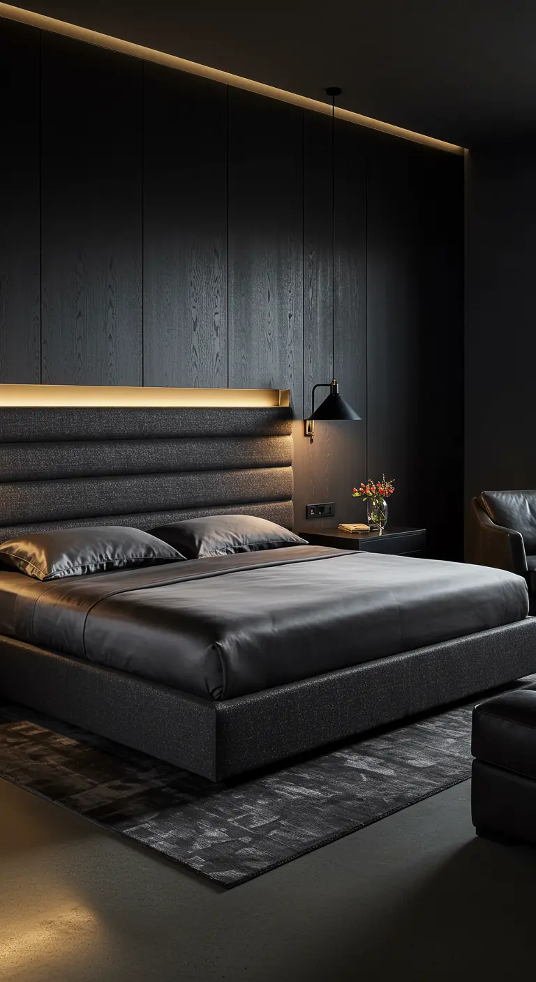 Moderne, donkere slaapkamer met een zwarte houten accentmuur en een gestoffeerd grijs hoofdbord met LED-verlichting.