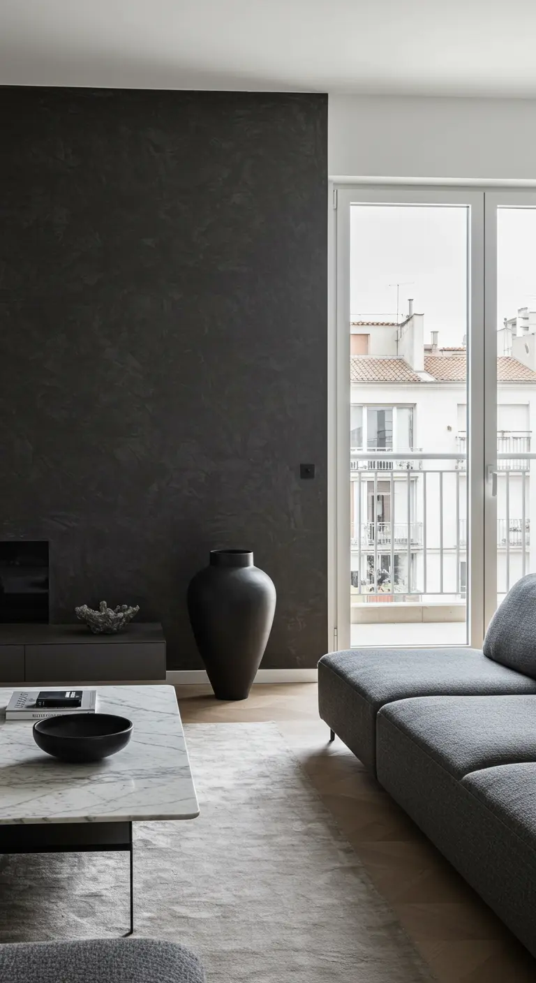 Moderne woonkamer met een donkergrijze, getextureerde accentmuur en een grote, matte zwarte vaas.