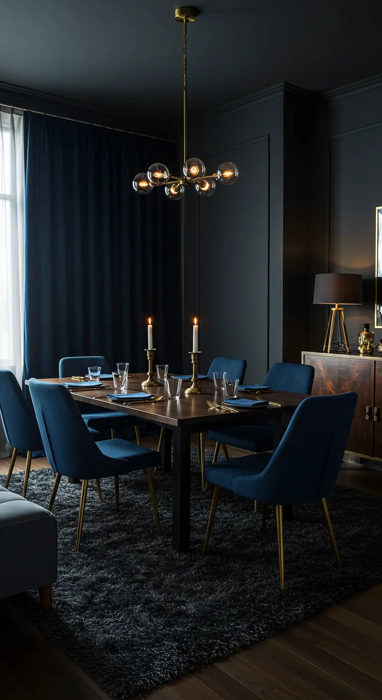 Luxe donkerblauwe eetkamer met fluwelen stoelen, gouden accenten en een donker tapijt.