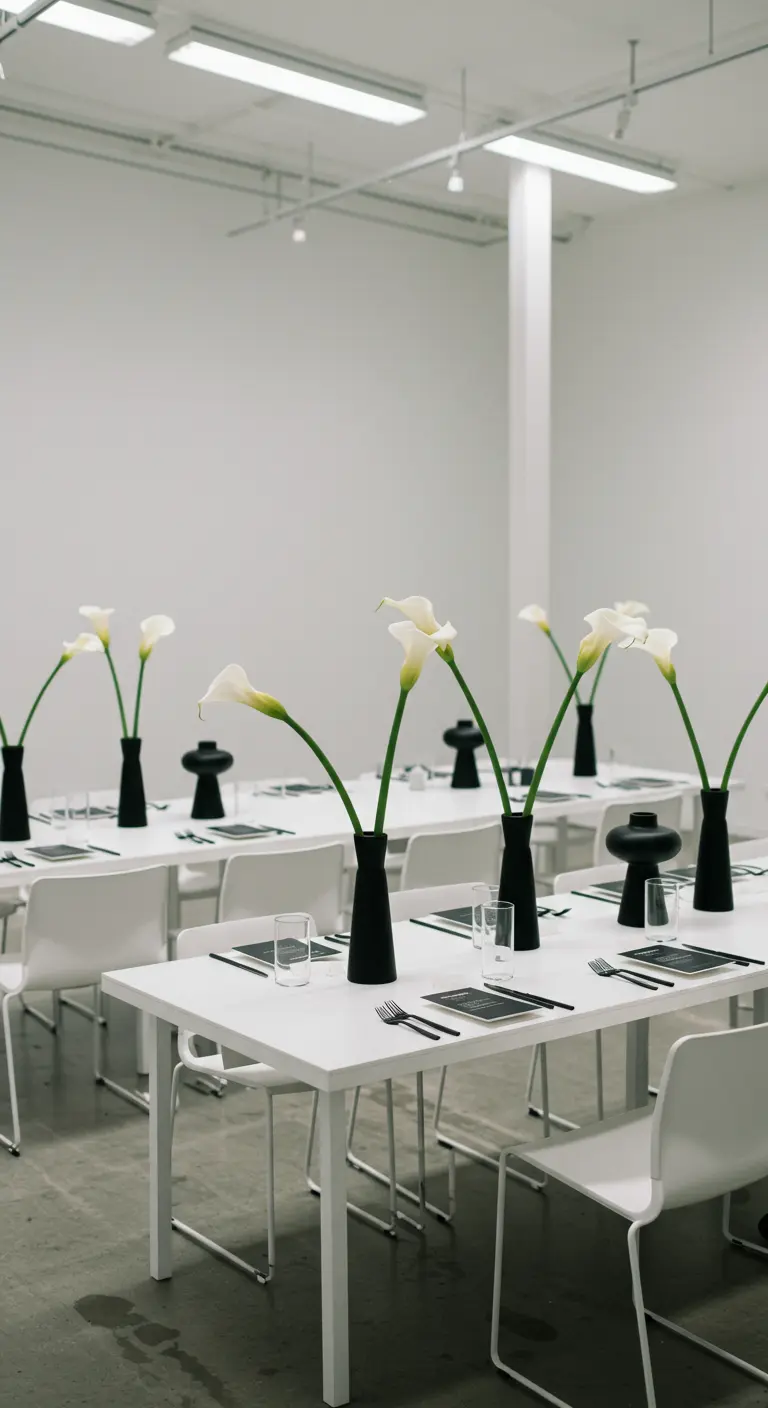 Witte tafels met zwarte vazen waarin telkens één witte Calla lelie staat.