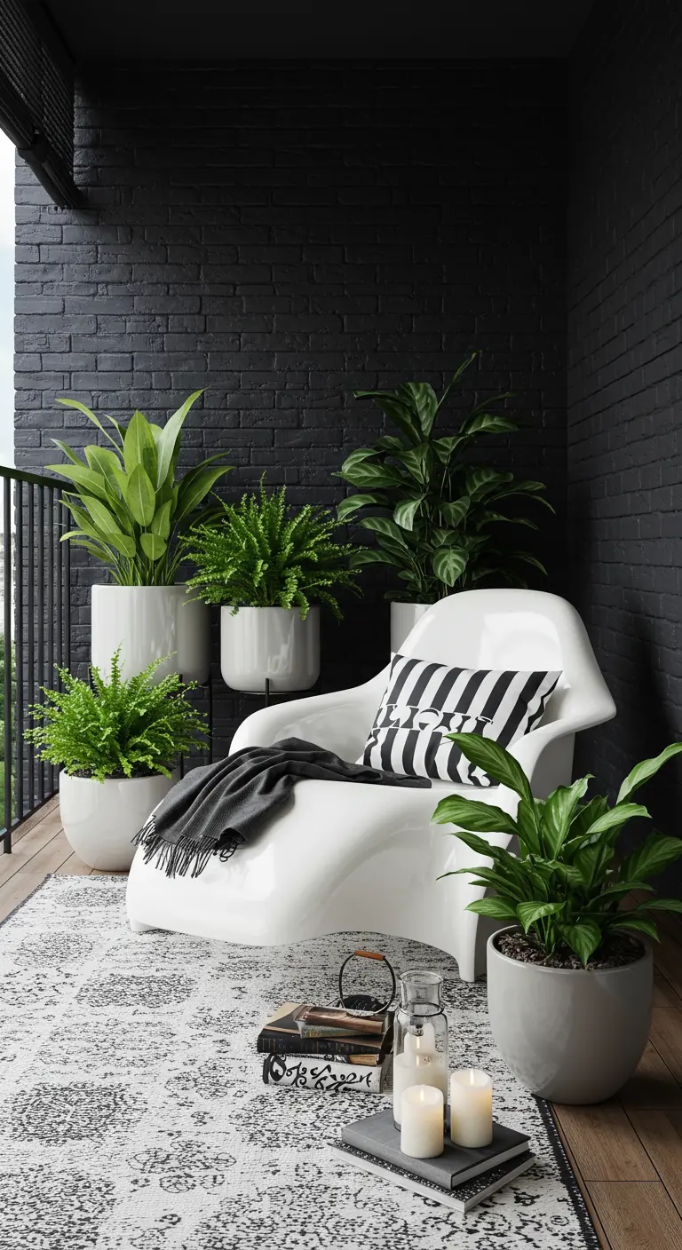 Balkon met een zwart geverfde bakstenen muur, een witte designstoel en veel groene planten.