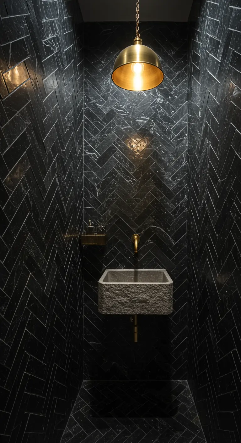 Klein toilet volledig betegeld met zwart marmer in visgraatpatroon.