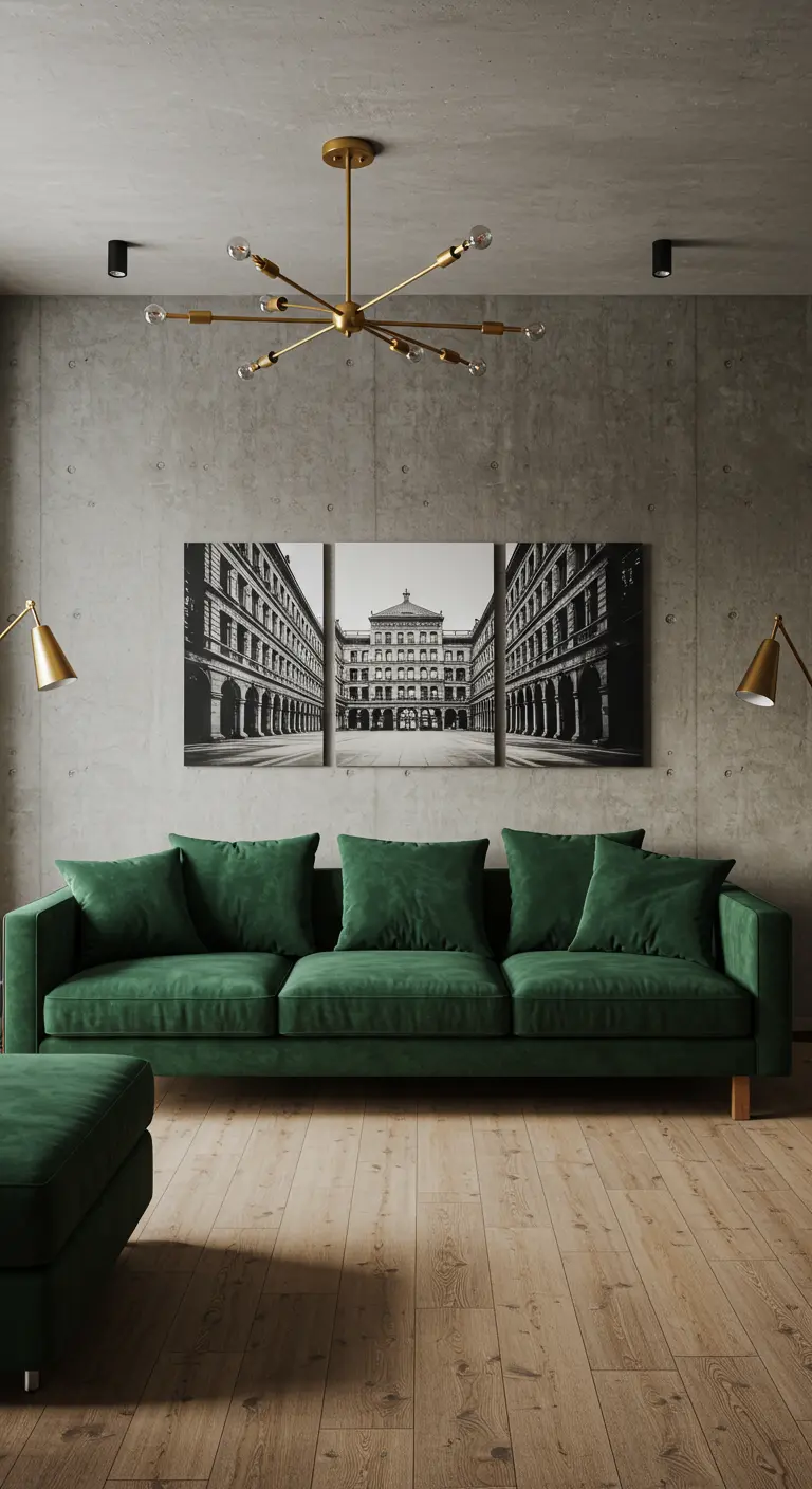 Woonkamer met betonnen muur, een smaragdgroene fluwelen bank en een zwart-wit drieluik erboven.