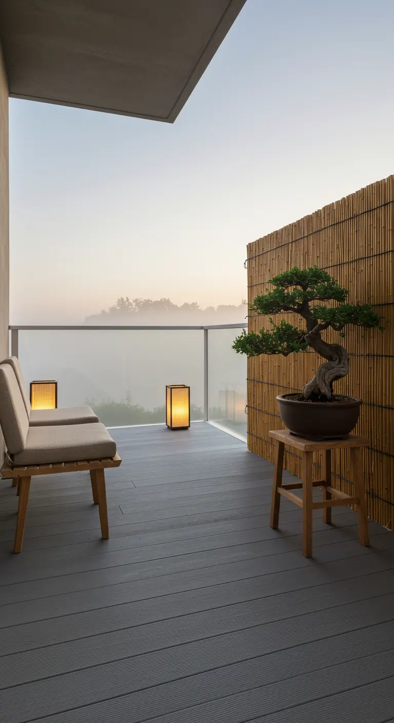 Japandi balkon met bonsai op krukje, bamboe scherm en twee lantaarns.