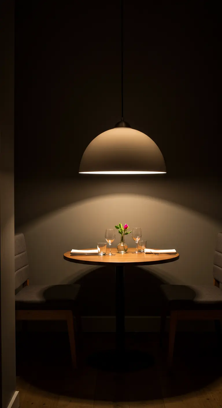 Intieme setting met een kleine ronde tafel die van boven wordt verlicht door één spot.
