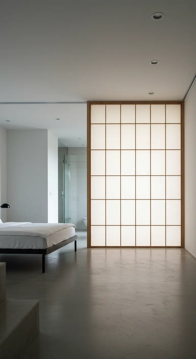 Witte, minimalistische slaapkamer met een betonnen vloer en een grote, verlichte shoji-wand die de ruimte scheidt van de badkamer.