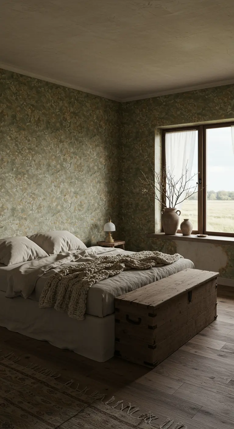 Rustige slaapkamer met gedempt groen botanisch behang, houten kist en gebreide deken.
