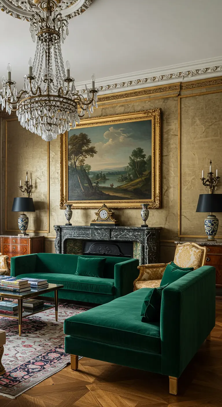 Luxe woonkamer met twee diepgroene fluwelen banken en een gouden accentmuur