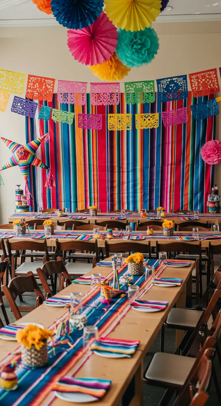 Eettafels met op de achtergrond een groot, kleurrijk gestreept doek.
