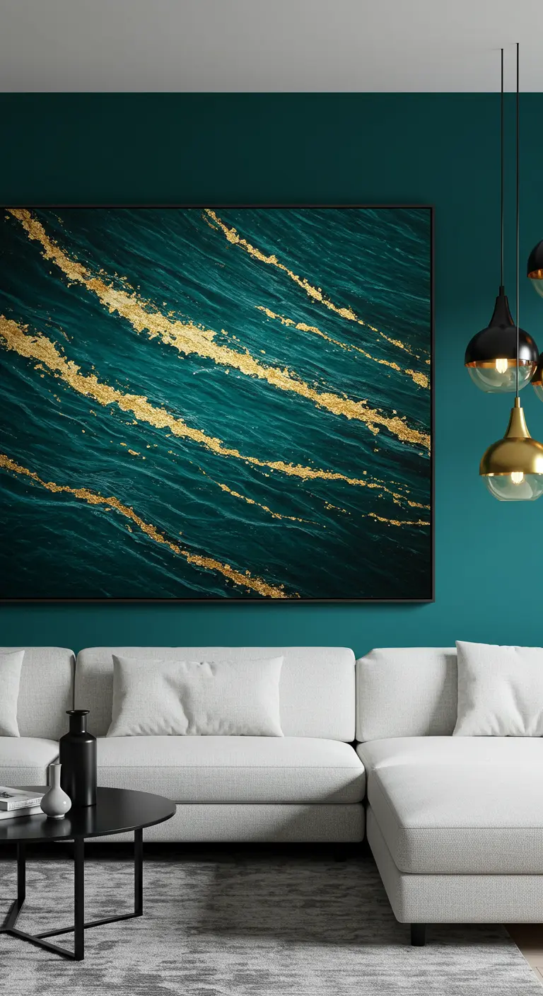 Moderne woonkamer met donkere muur en een groot abstract schilderij van water met goud.