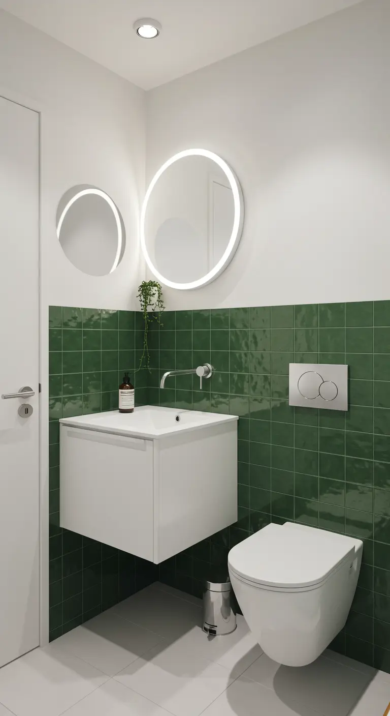 Witte badkamer met een wand van glanzende, vierkante groene tegels tot halverwege de muur.