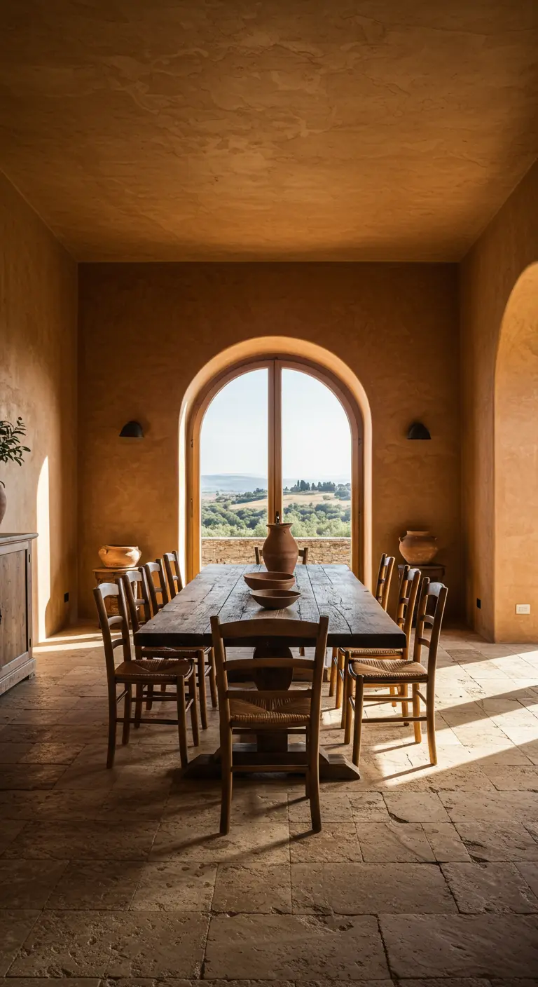 Rustieke eetkamer met terracotta muren, stenen vloer en een grote houten tafel bij een boograam.