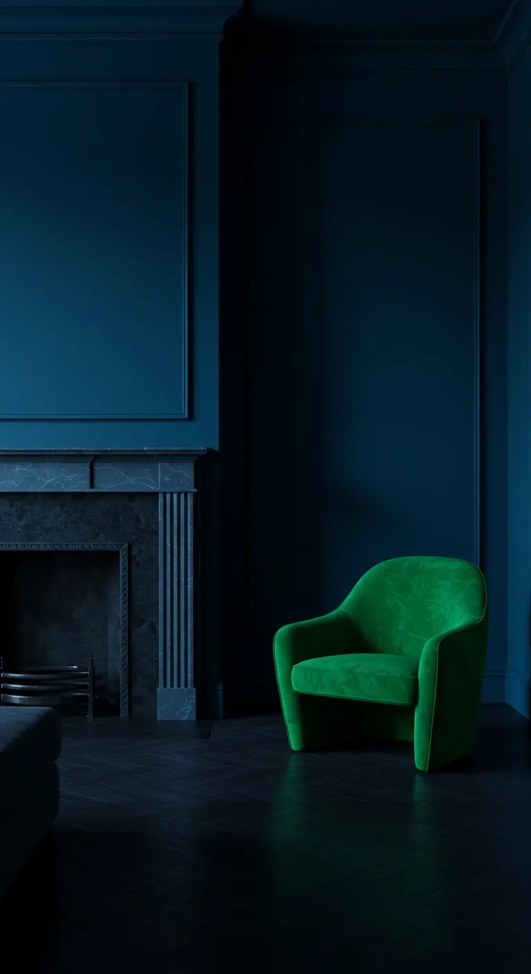 Donkerblauwe, minimalistische kamer met een schouw en één enkele, felgroene fauteuil.