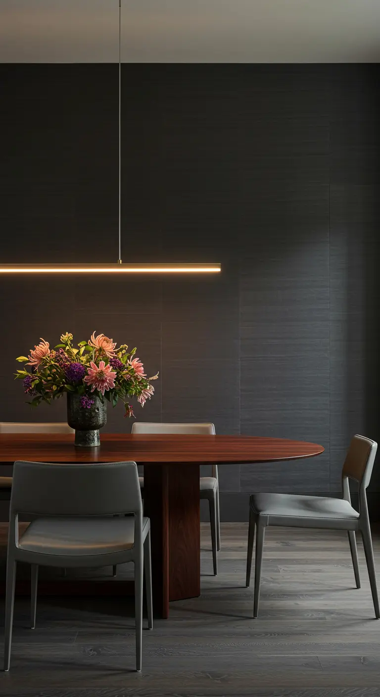 Minimalistische eetkamer met zwarte muren en een slanke, horizontale led-hanglamp.