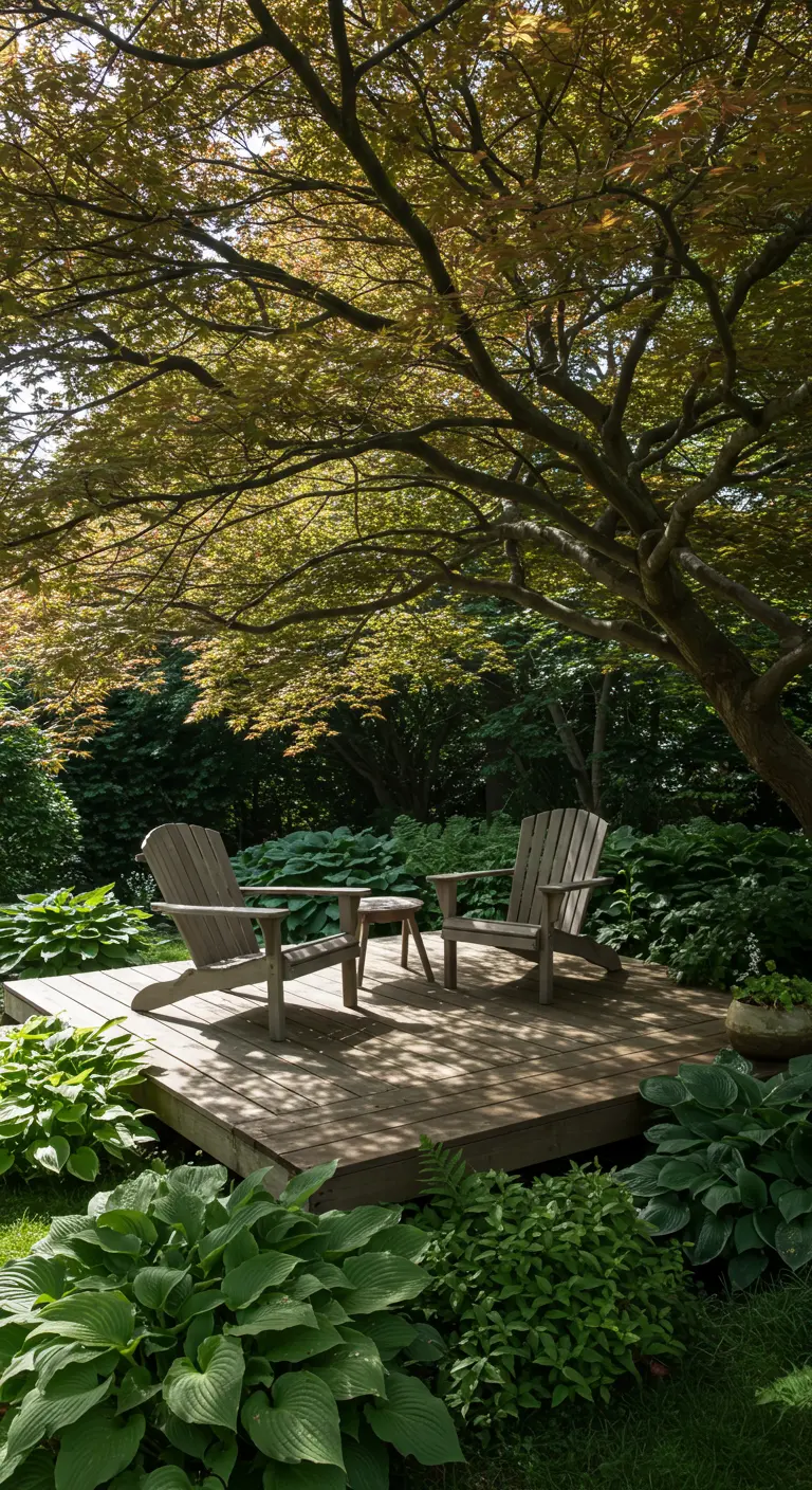 Twee houten tuinstoelen op een vlonder onder het bladerdak van een grote boom.