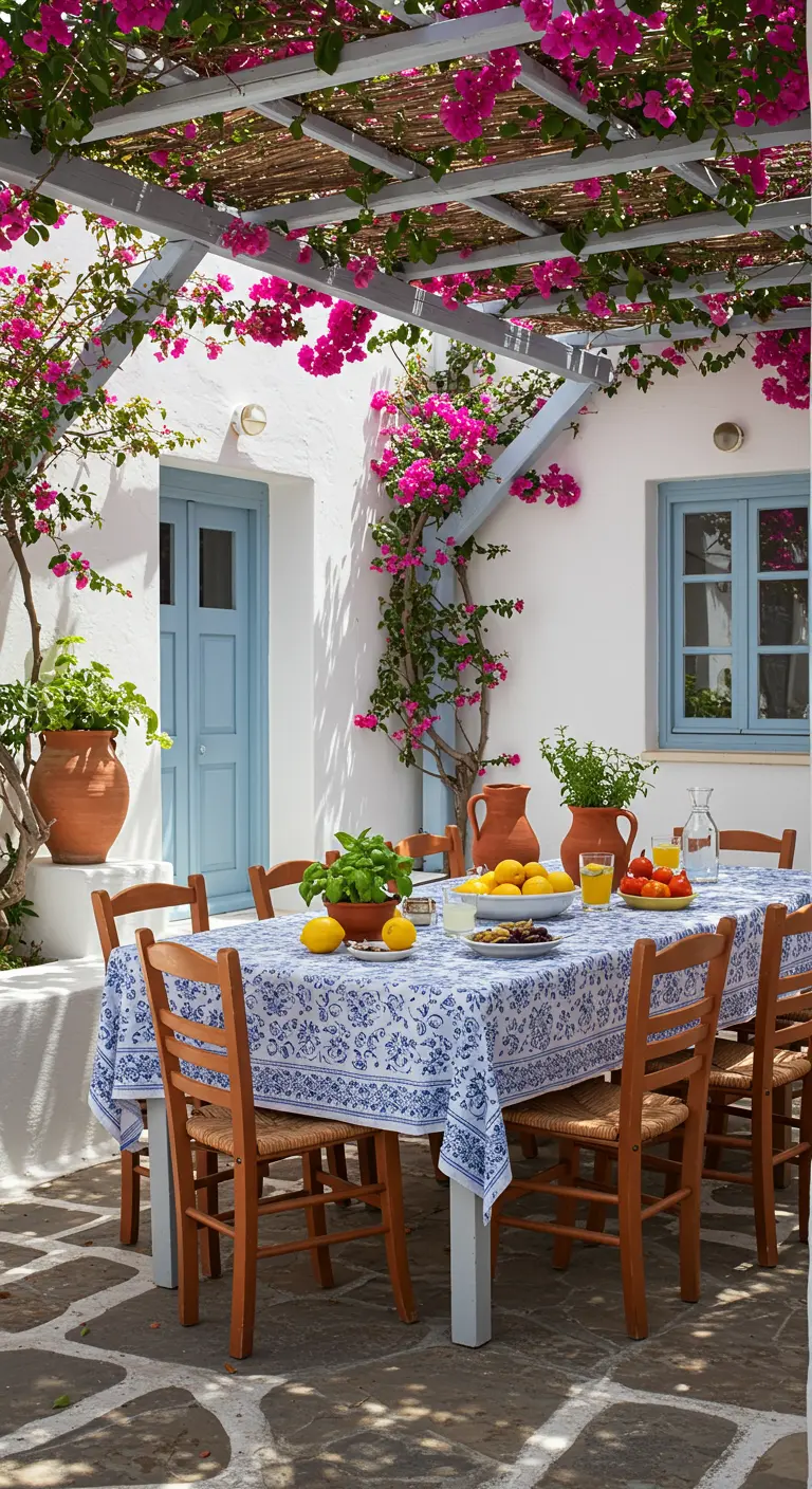 Eettafel met blauw-wit tafelkleed op een Grieks terras met roze bougainvillea.