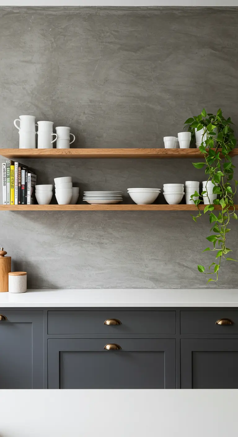Betonlook muur met twee houten planken vol wit servies en een groene hangplant.