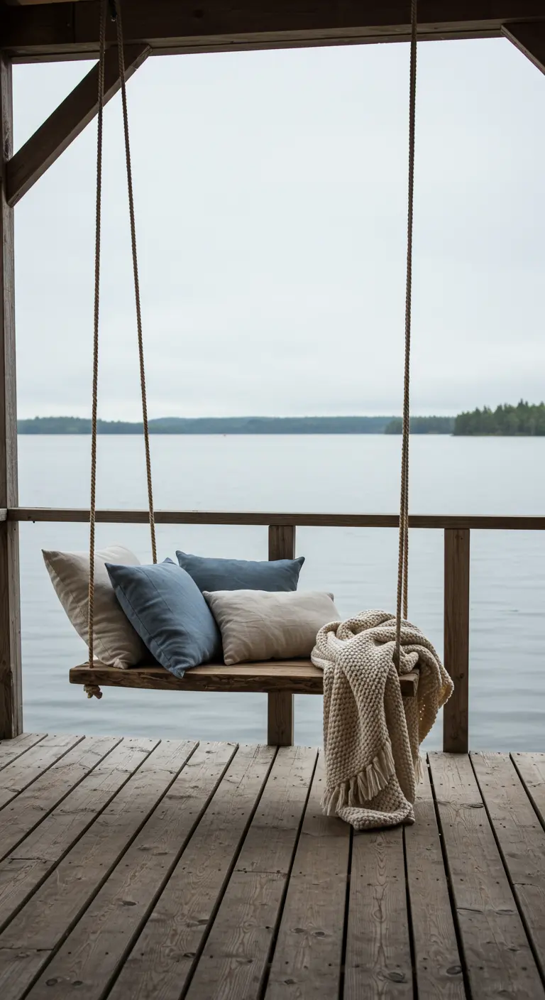 Houten schommelplank met blauwe en beige kussens op een veranda aan het water.