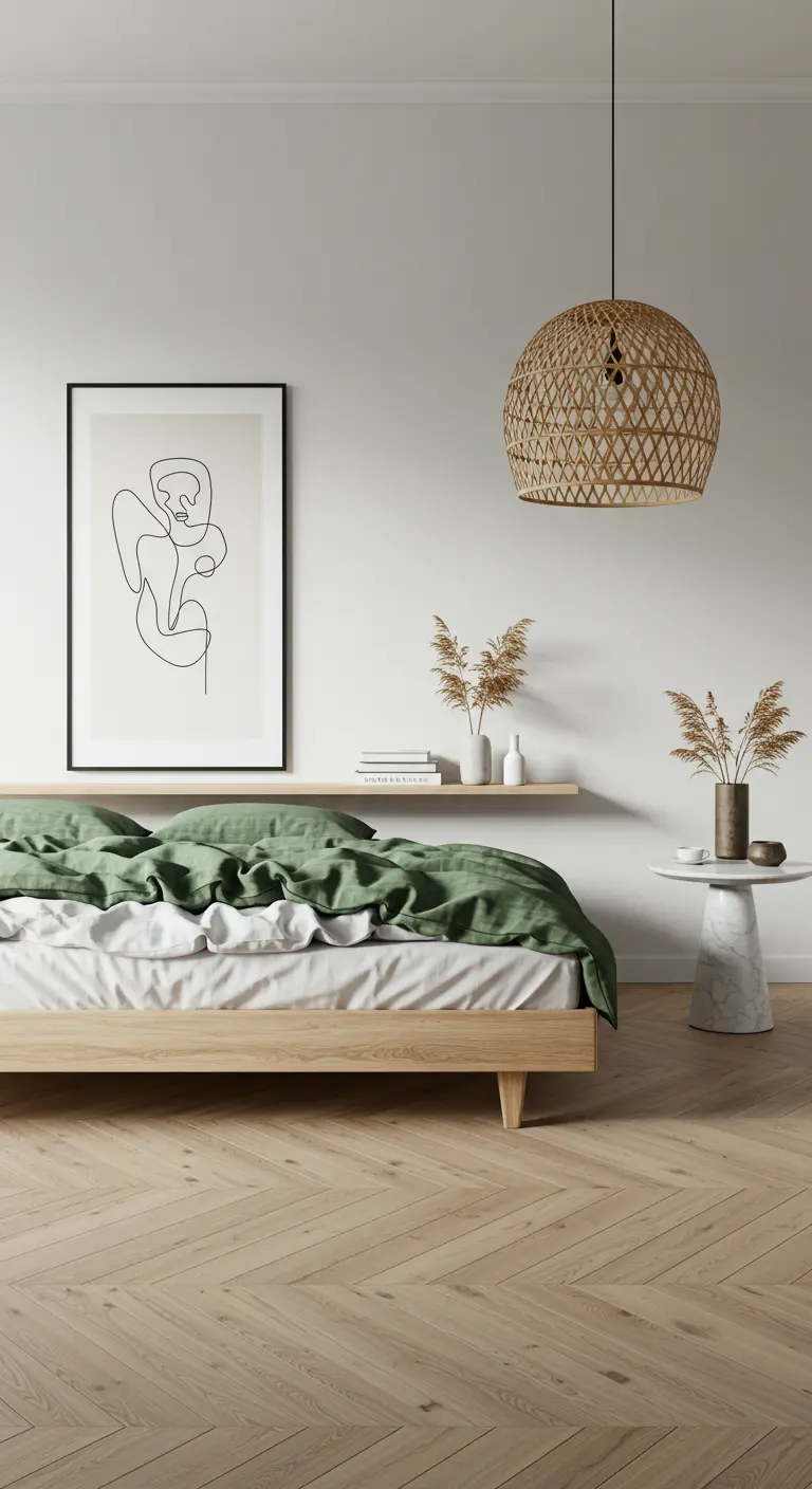 Minimalistische slaapkamer met een houten bed, groene deken en een grote geweven rotan lamp.