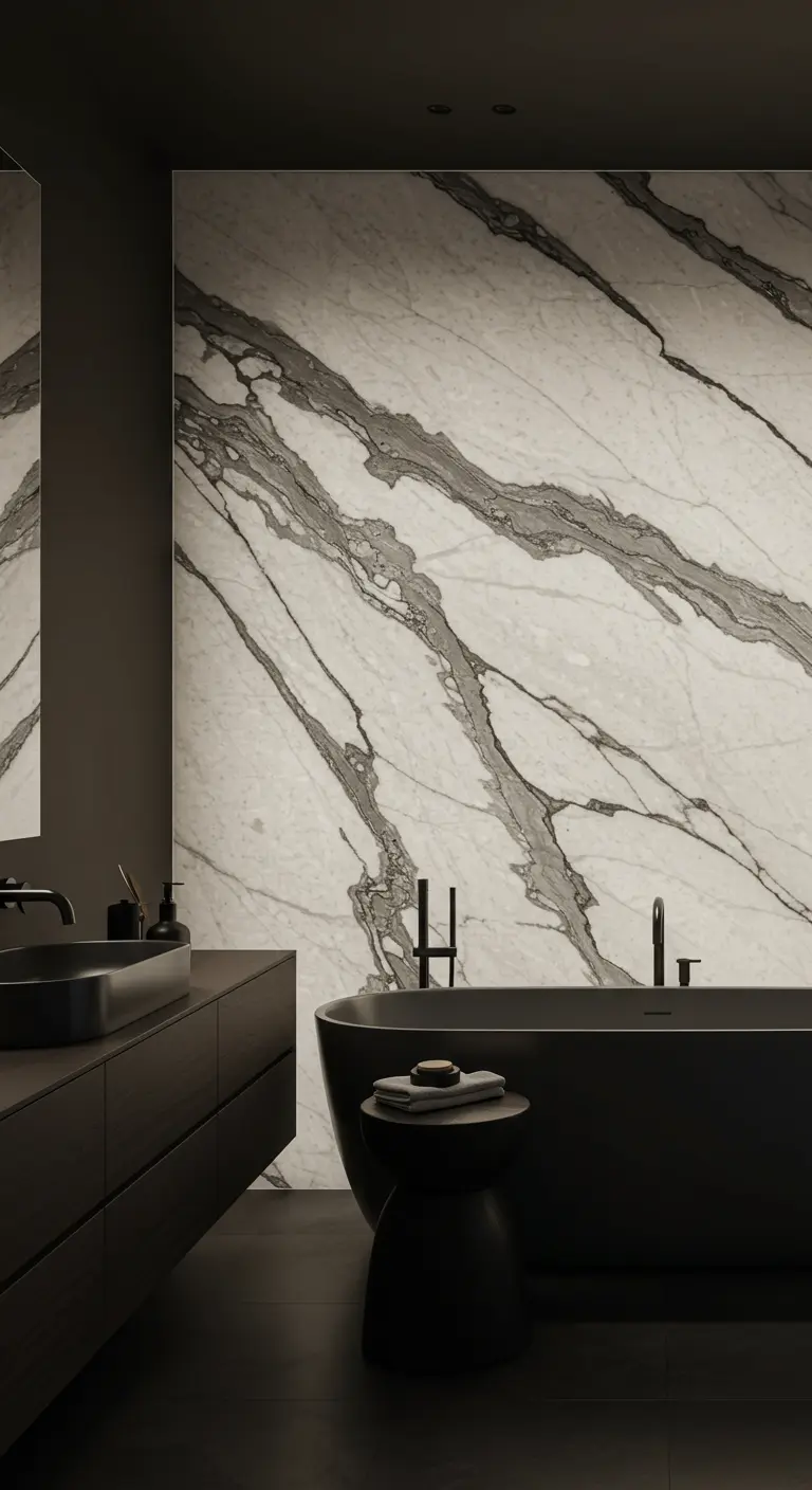 Luxe badkamer met een grote marmeren accentwand en een donker vrijstaand bad.