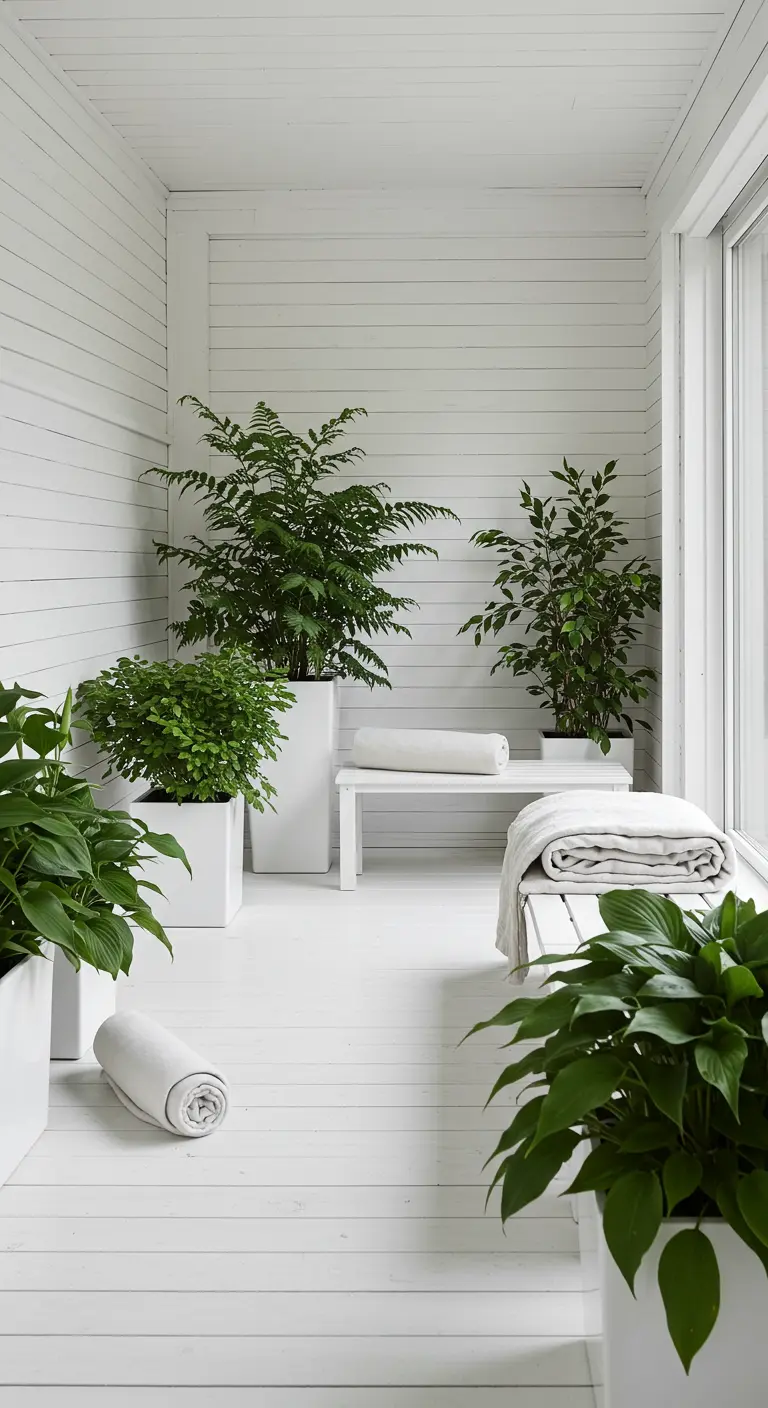 Volledig witte veranda met witte muren, vloer en plantenbakken vol groene planten.