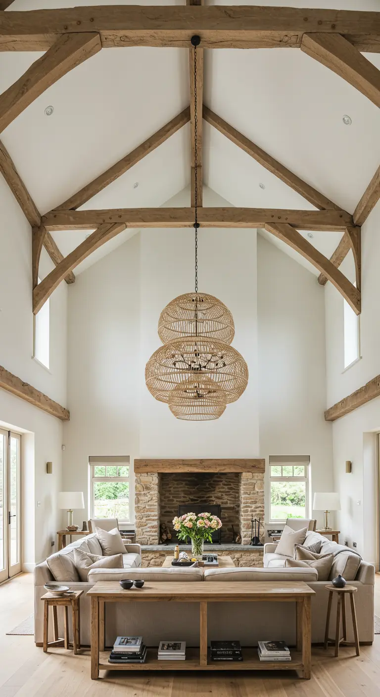 Kathedraal-achtige woonkamer met hoge houten balken en een gigantische rotan hanglamp boven de zithoek.