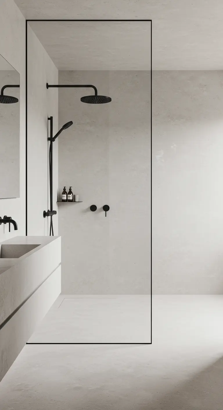 Minimalistische witte badkamer met een frameloze glazen douchewand en zwarte kraan.