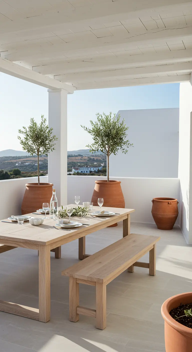 Wit minimalistisch terras met grote terracotta potten met olijfbomen.